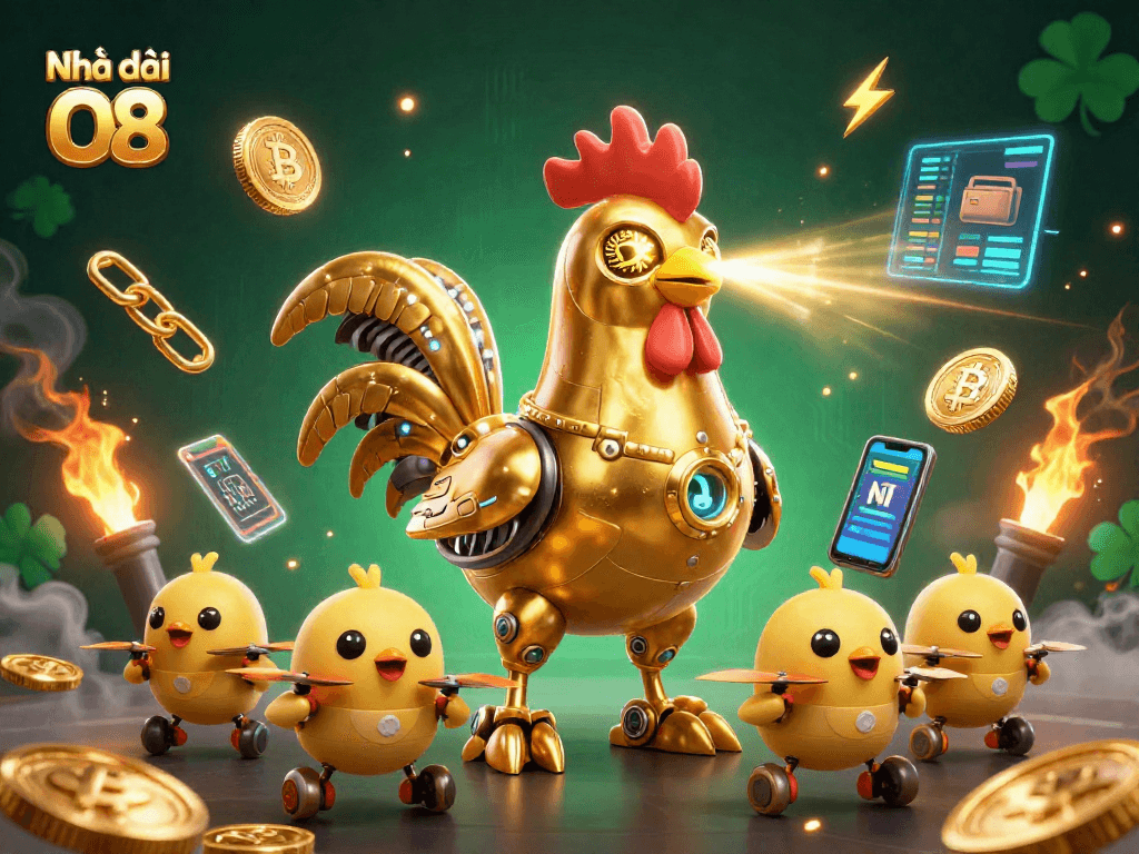 Join the action at Nhà cái O8 with laser-engraving golden rooster and cryptocurrency elements in a vibrant scene.