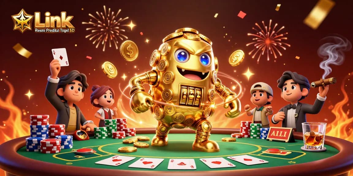 Engage with engaging gameplay on Link Resmi Prediksi Togel 5D featuring golden golem and poker table elements.