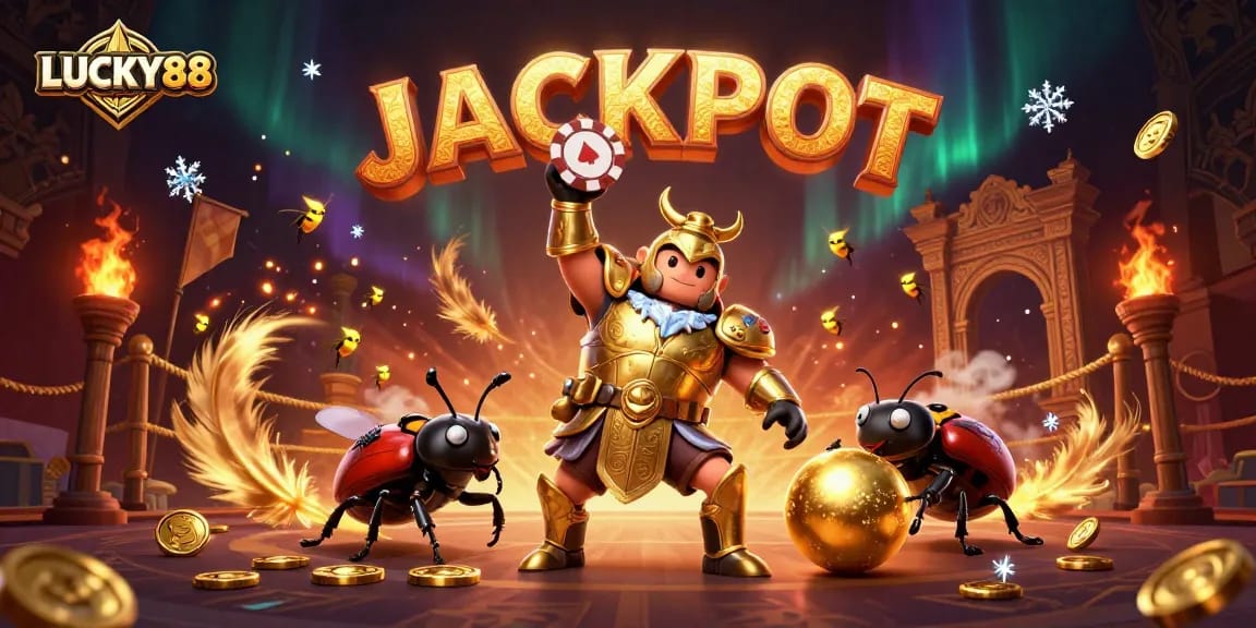 Experience the thrill of LUCKY88 as the cartoon beetles celebrate a jackpot win in a vibrant casino scene.