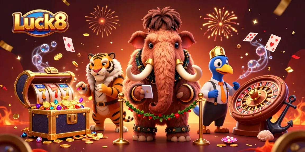Experience the vibrant Luck8 casino scene with VIP characters and exciting gaming elements.