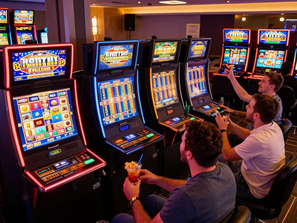 MM88 players celebrating wins on colorful slot machines in vibrant online casino atmosphere.