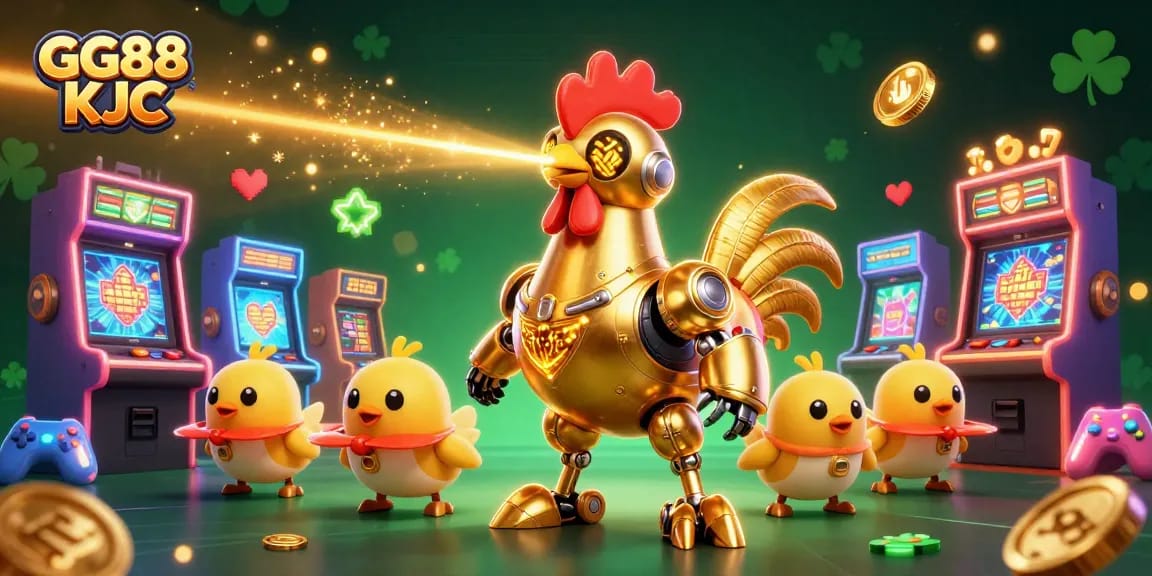 Engage in GG88 KJC gaming excitement with a golden rooster robot and baby chick drones.