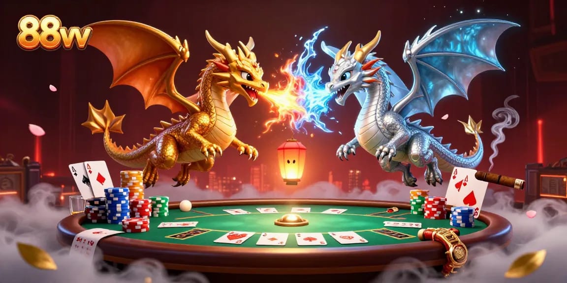 88vv showcases a dynamic scene with cartoon dragons battling in a vibrant poker atmosphere.