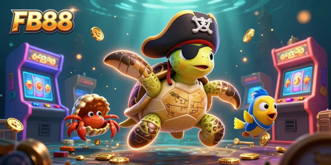 Experience excitement at FB88 with a vivid digital illustration featuring a pirate turtle, a hermit crab, and colorful casino elements.