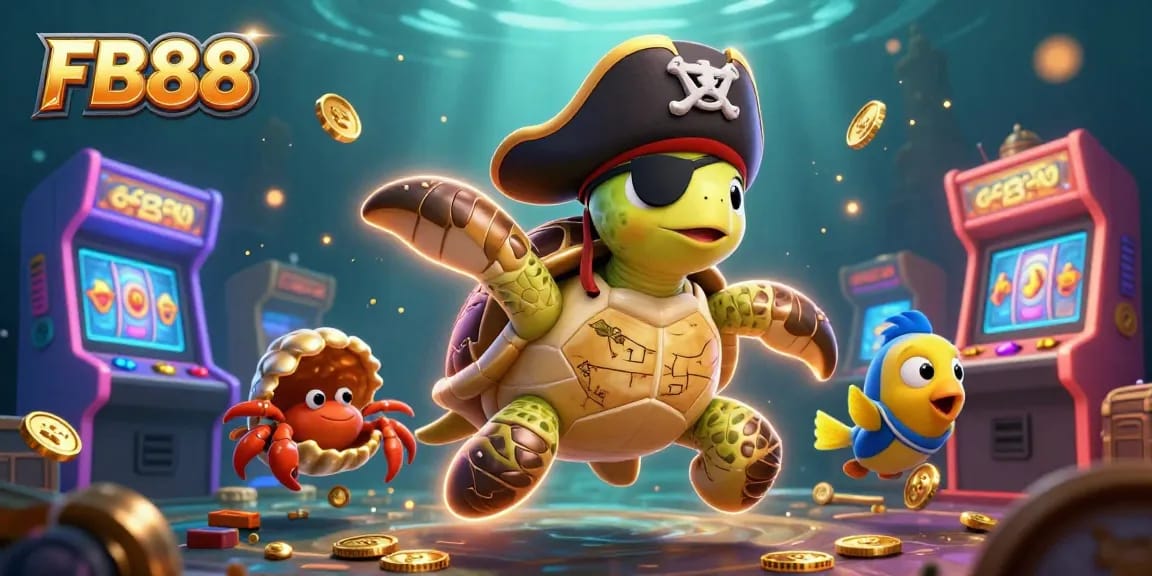 Experience excitement at FB88 with a vivid digital illustration featuring a pirate turtle, a hermit crab, and colorful casino elements.