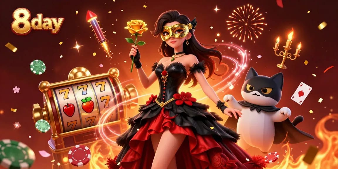 Watch the stunning 3D woman in the black and red gown while she engages in exciting 8 day casino gameplay.