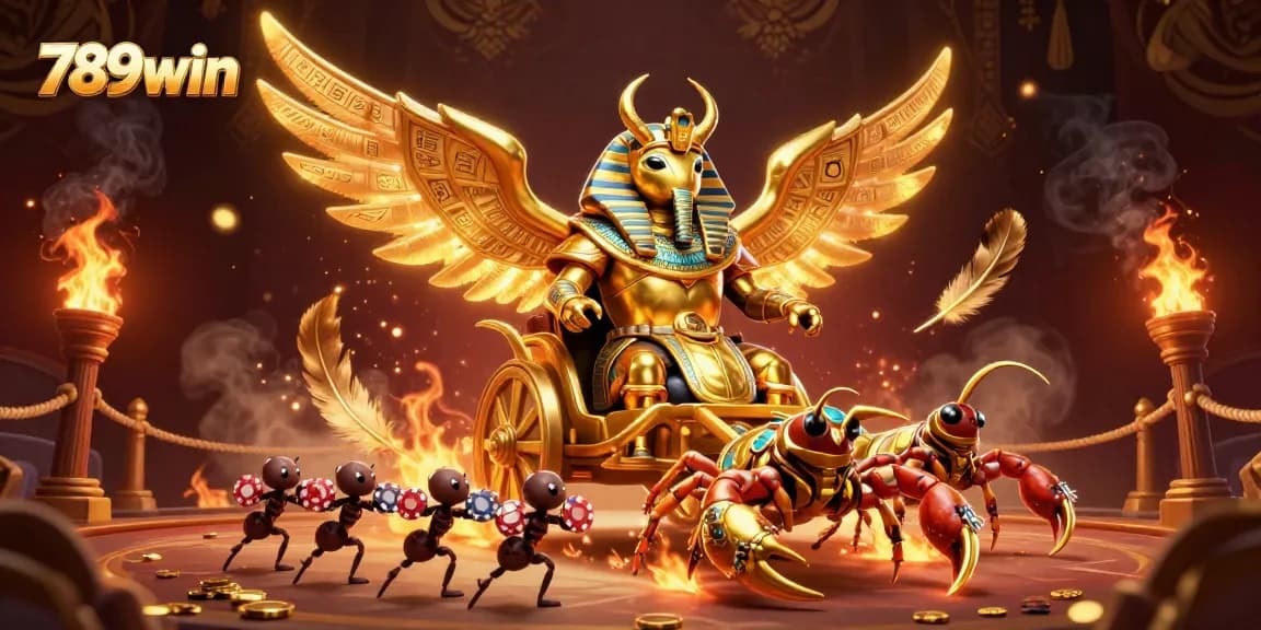 Engage with the vibrant gaming scene of 789win featuring a golden scarab and scorpions amidst casino elements.