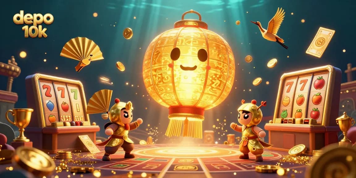 Experience the excitement of depo 10k slot gaming with a vibrant 3D illustration featuring golden lantern spirits and dynamic game elements.