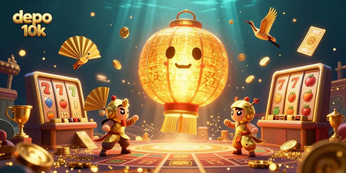Experience the excitement of depo 10k slot gaming with a vibrant 3D illustration featuring golden lantern spirits and dynamic game elements.