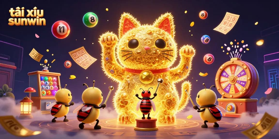 Engage with tài xỉu sunwin through vibrant casino symbols, a dynamic lucky cat, and exciting game elements.