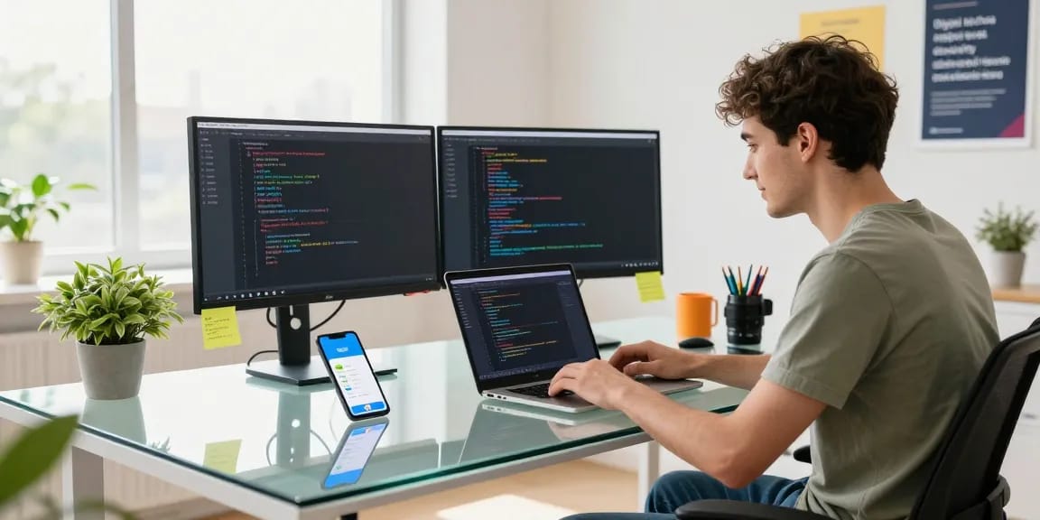 Experience seamless communication with Telegram Download, showcasing a developer at a bright workspace with multiple screens highlighting Telegram features.