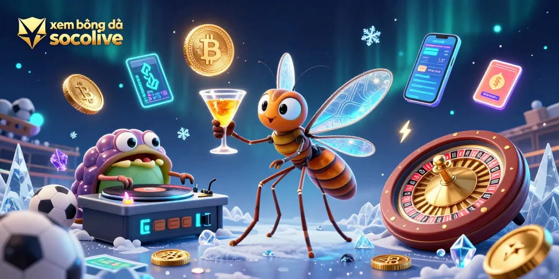 xem bóng đá socolive showcases a dynamic scene with a lively mascot and casino elements, emphasizing sports and betting excitement.