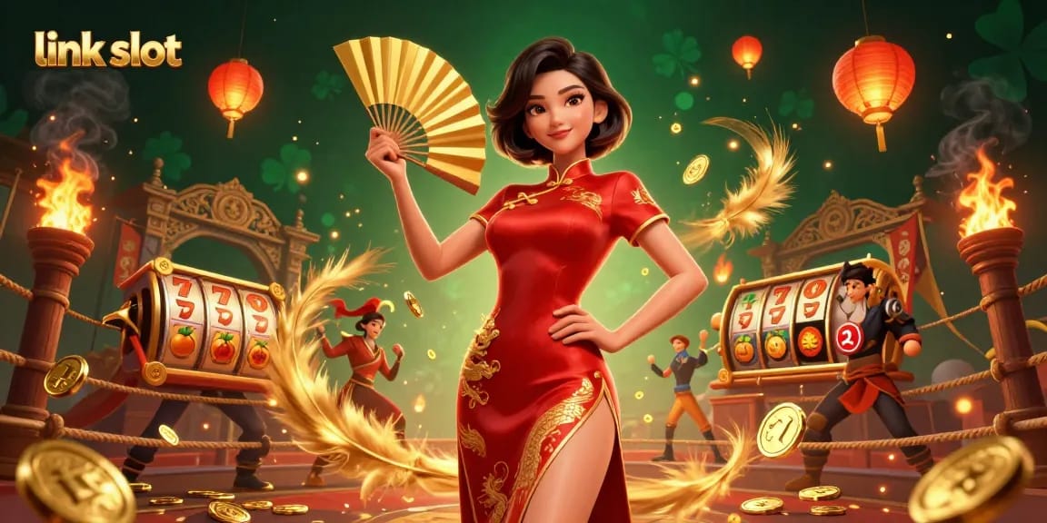 Rasakan permainan mendebarkan dengan link slot yang menampilkan simbol-simbol cerah dan seorang wanita Asia percaya diri dalam pakaian mewah.