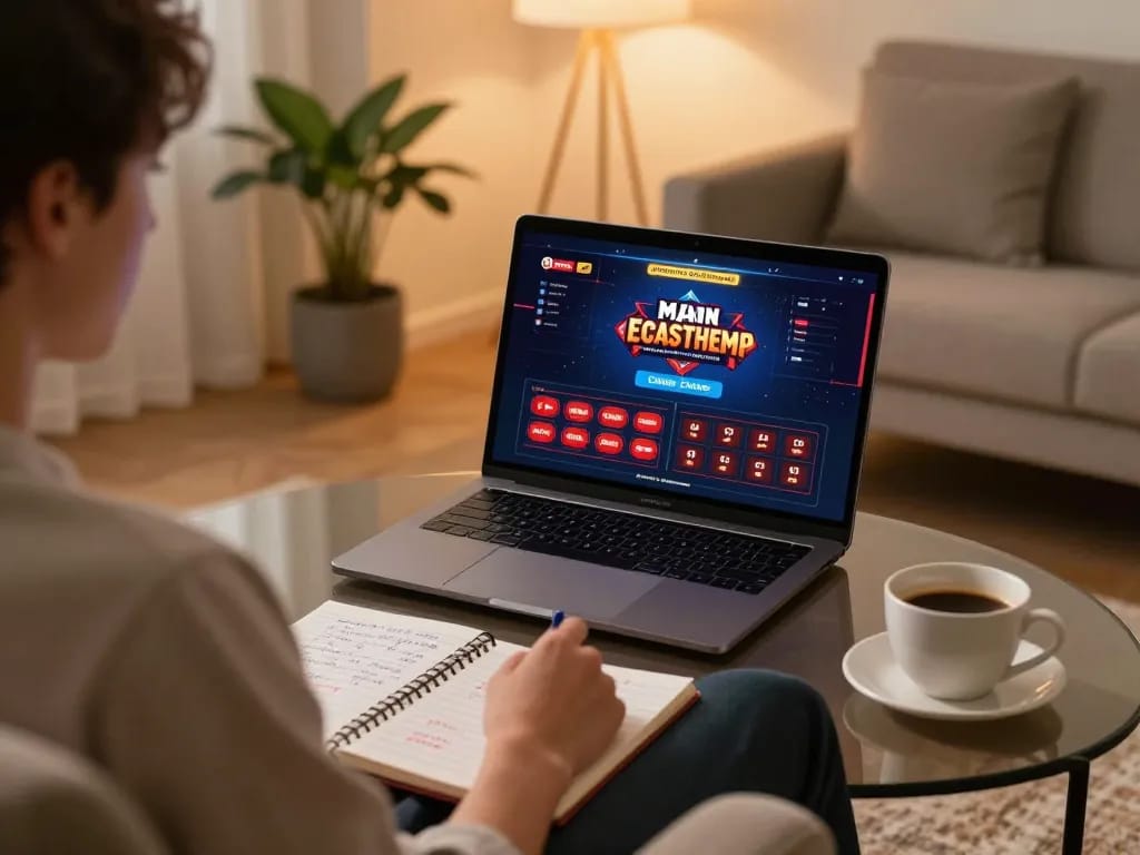 Engaged player using mainecoasthemp casino interface on a laptop in a cozy living room.