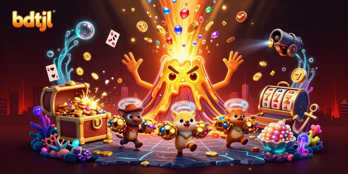 Engage with bdtjl's vibrant casino world featuring a golden volcano and treasure amidst dynamic gaming elements.