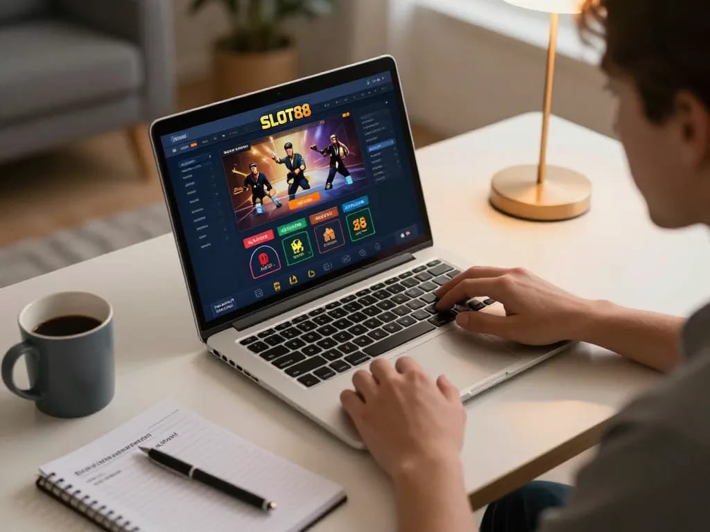 SLOT88 user strategizing wins at online gaming session with sleek laptop and notes