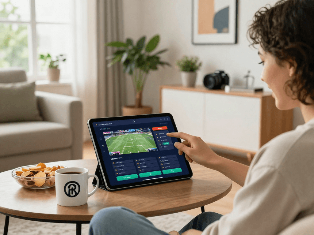 User enjoying the http://oxbet-app.com mobile betting app in a vibrant living room, showcasing a modern and engaging gambling experience.