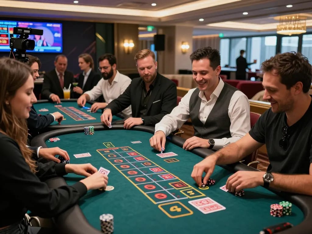 BetVisa live casino with players at real dealer tables enjoying a vibrant gaming experience in a luxurious setting.