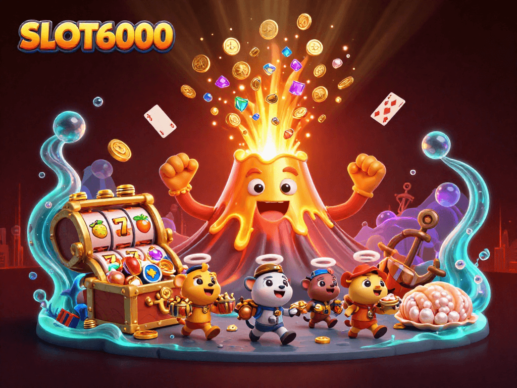 Experience the thrill of winning with SLOT6000 as treasures erupt from the golden volcano in this vibrant casino scene.