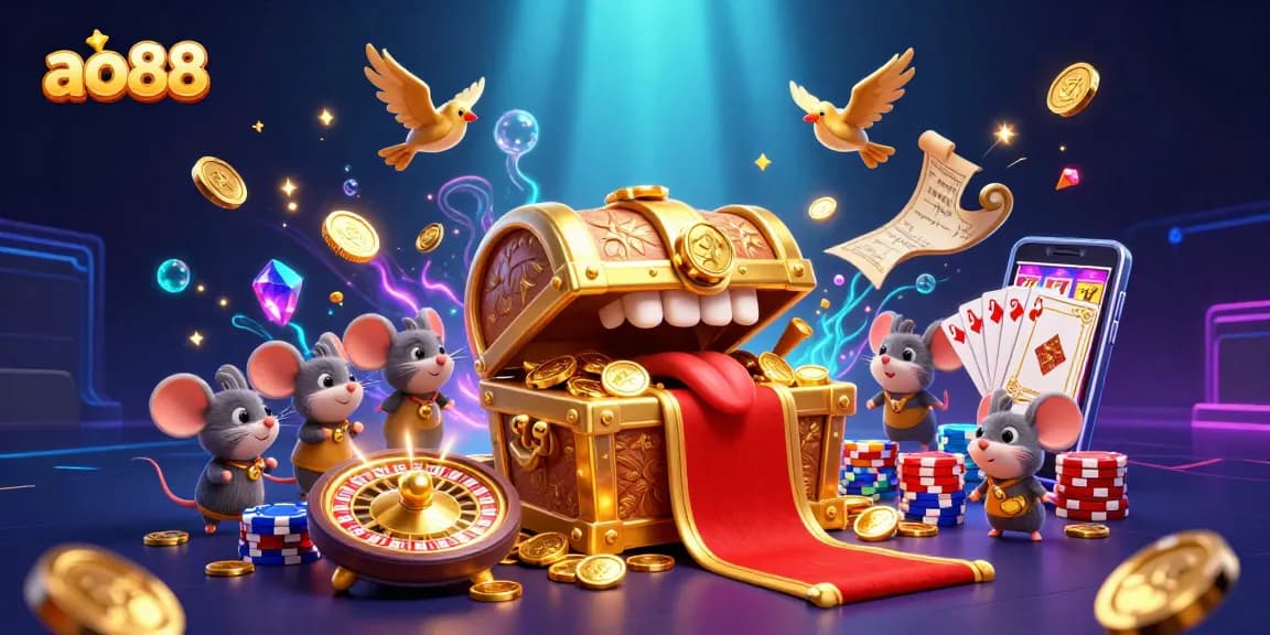 Experience the thrill of winning at ao88 with a dynamic casino scene filled with treasures and excitement.