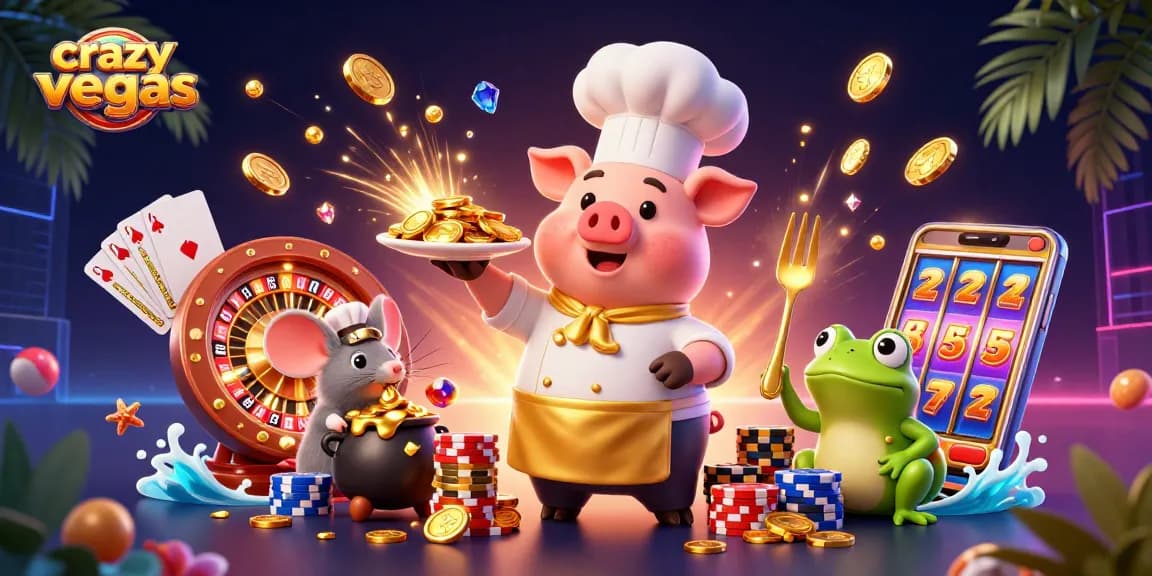 Experience the excitement of crazyvegas with golden coins, slot reels, and vibrant characters in a dynamic gaming scene.