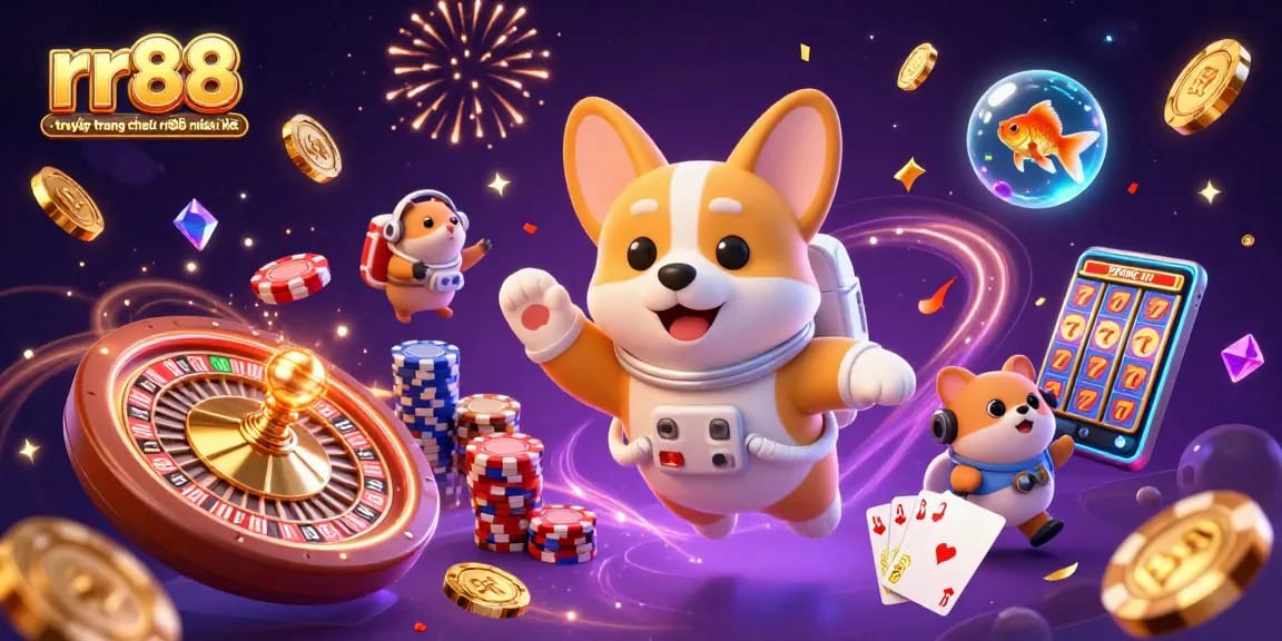 Experience rr88 - truy cập trang chủ nhà cái rr88 mới nhất with a bustling casino illustration featuring animated game elements.