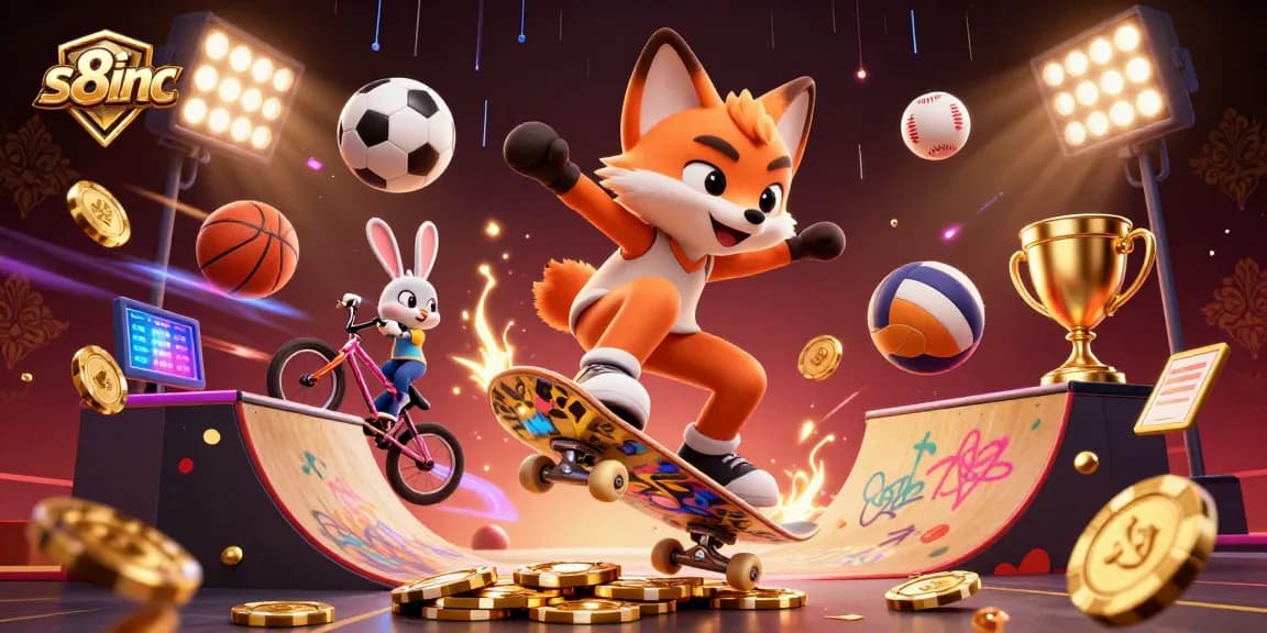 s8inc showcases an energetic scene of a skateboarder fox and BMX rabbit in a vibrant casino environment.