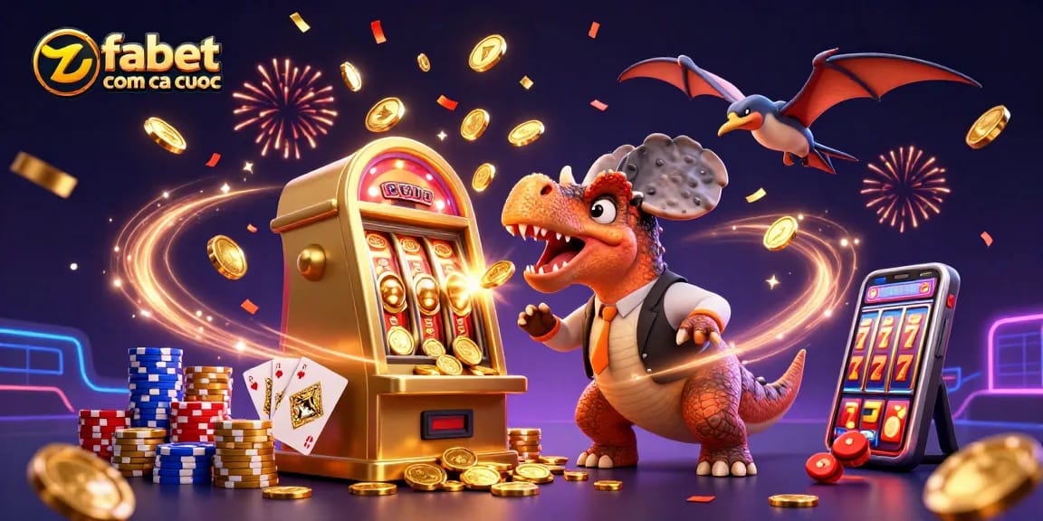 Experience fabet com ca cuoc excitement with dinosaurs in a vibrant casino jackpot scene.