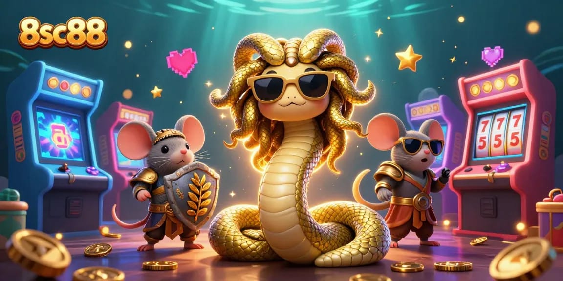 Bet on excitement with 8sc88, featuring a friendly Medusa and warrior mouse in a vibrant casino scene