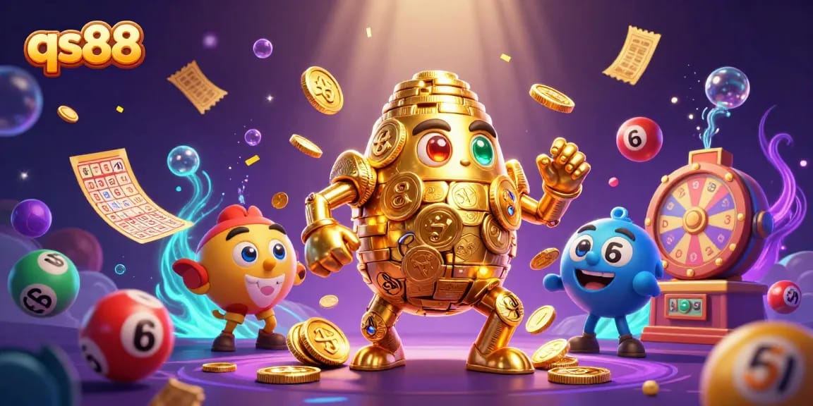 Experience the excitement of qs88 with a dynamic illustration featuring a golden golem and vibrant gambling elements.