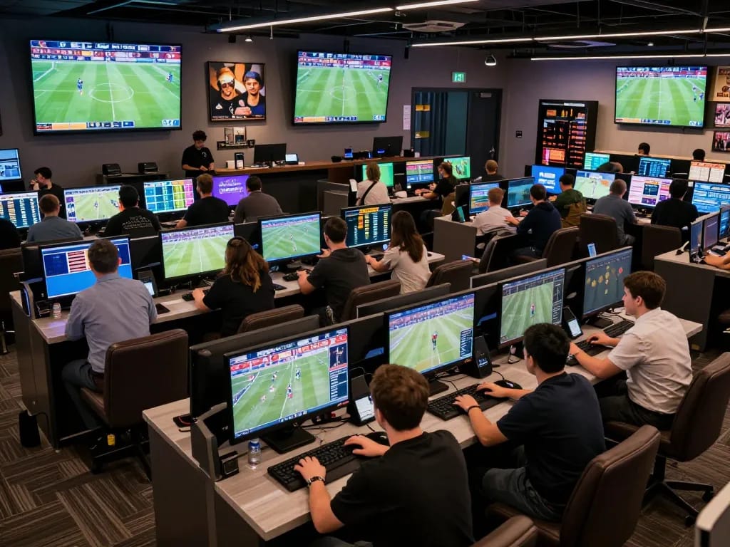 Patrons placing bets at keonhacaii88 sports betting lounge during live events, vibrant atmosphere filled with excitement