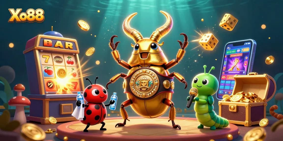 Xo88 showcases a vibrant 3D illustration featuring a beetle and ladybug in a lively casino atmosphere.