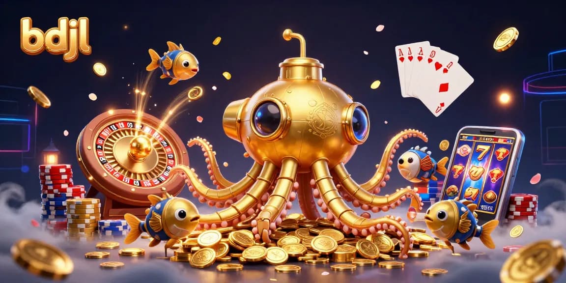 Experience the thrill of winning at bdjl with a vibrant casino scene featuring golden coins, a kraken submarine, and roulette.