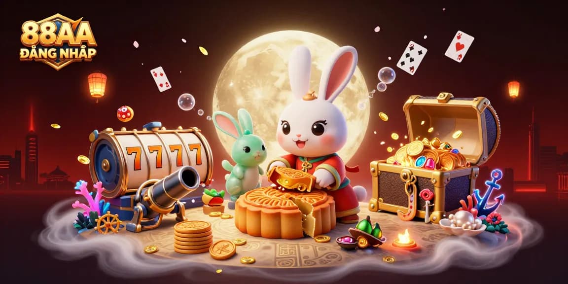 Engage in gaming excitement with 88AA ĐĂNG NHẬP, featuring vibrant slots and a magical rabbit.