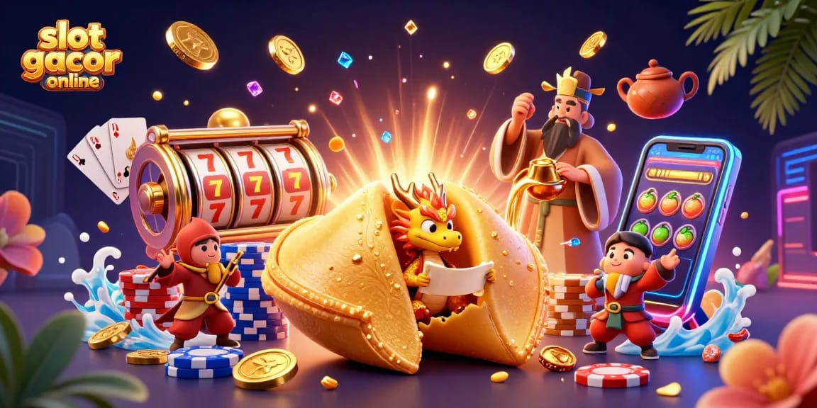 Engage with slot gacor online in this vibrant scene featuring a golden fortune cookie, a wise dragon, and cascading coins.