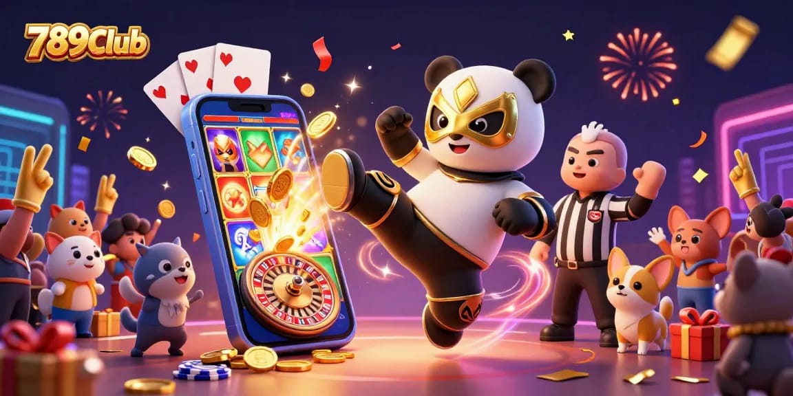 Experience the thrilling excitement of 789Club with a panda champion and a referee in a lively casino scene.