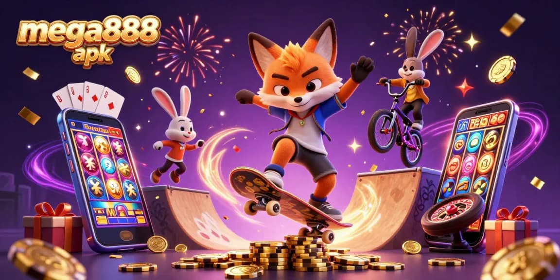 Experience the thrill of mega888 apk with a vibrant slot gaming scene featuring playful characters and casino symbols.