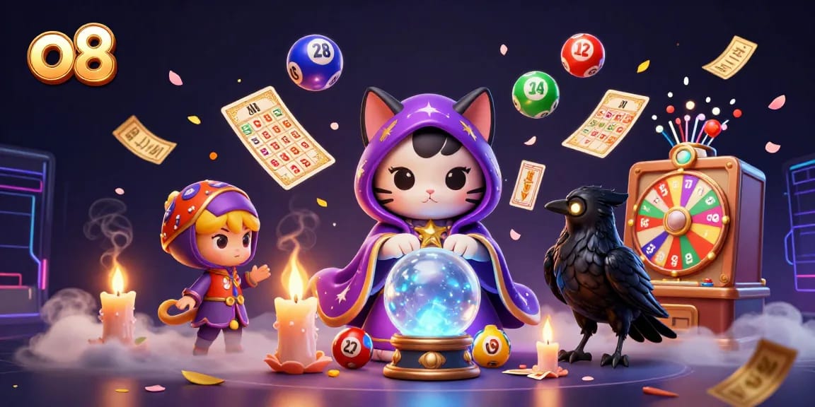 Experience the enchantment of o8's gaming world with vibrant lottery elements in a captivating scene.
