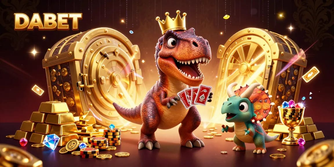DABET players enjoy thrilling casino games showcased by cartoon dinosaurs in a vibrant treasure scene.