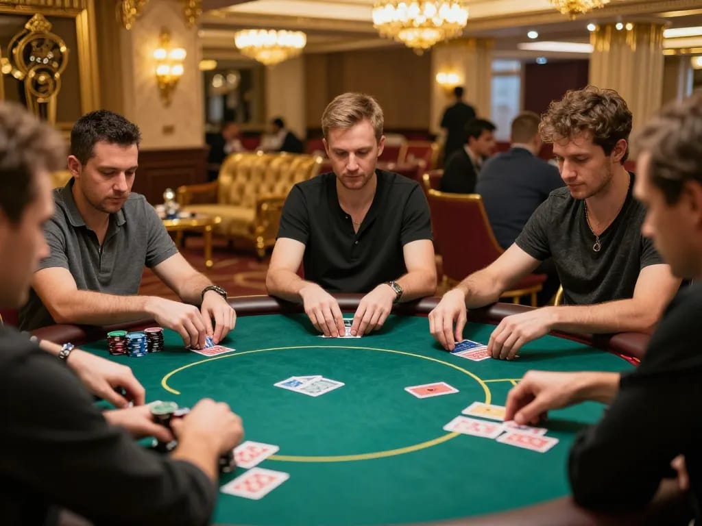 Players engaged in a high-stakes poker game at F8BETz, showcasing intense gameplay and luxurious casino environment.