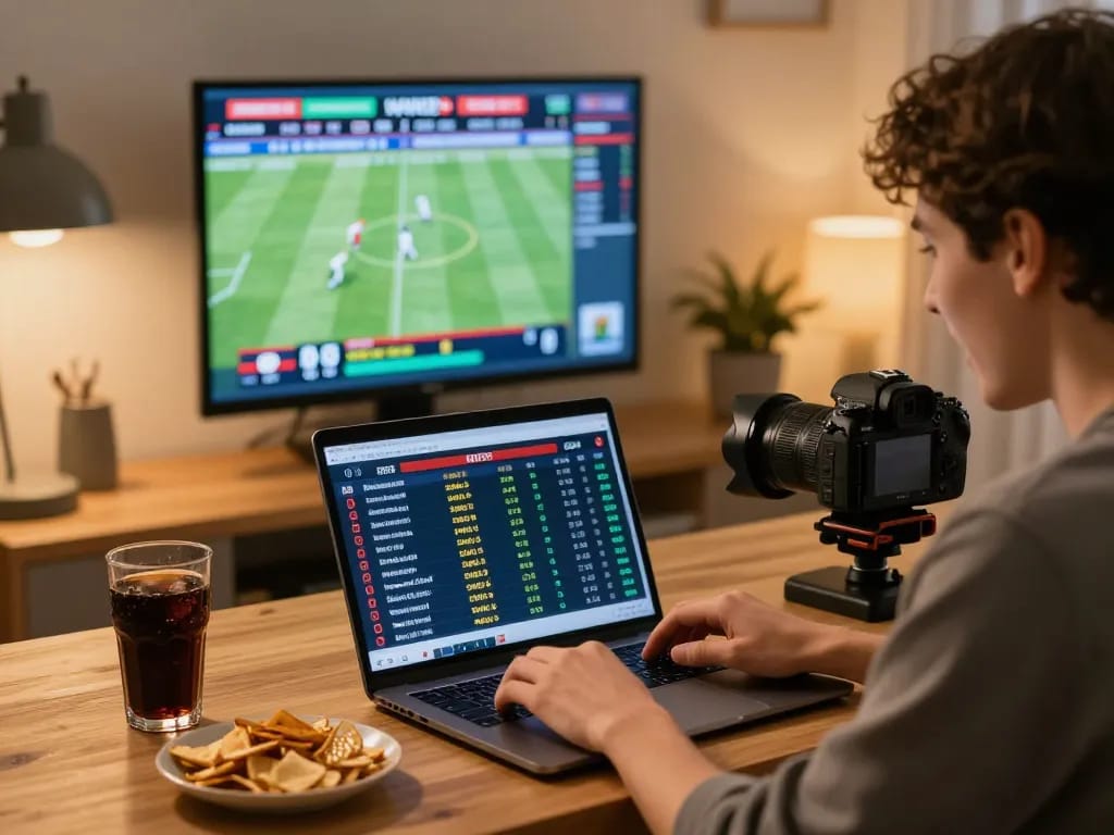 Engaged player reviewing CM88 sports betting odds on laptop in a cozy home office.