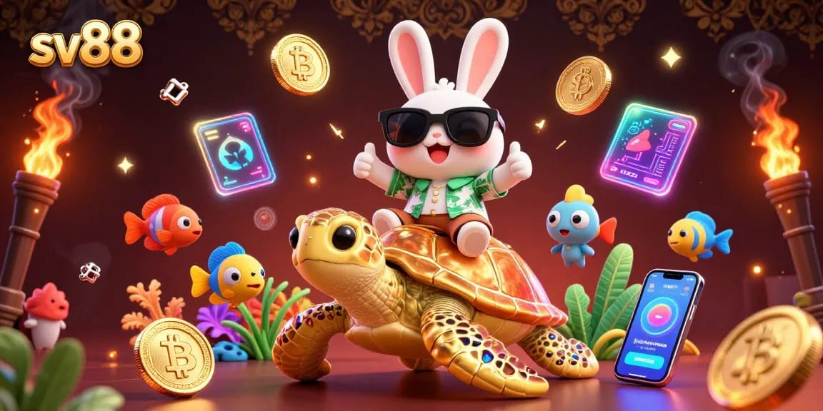 Join the fun with sv88 as a cartoon lucky rabbit and a golden turtle celebrate their wins!