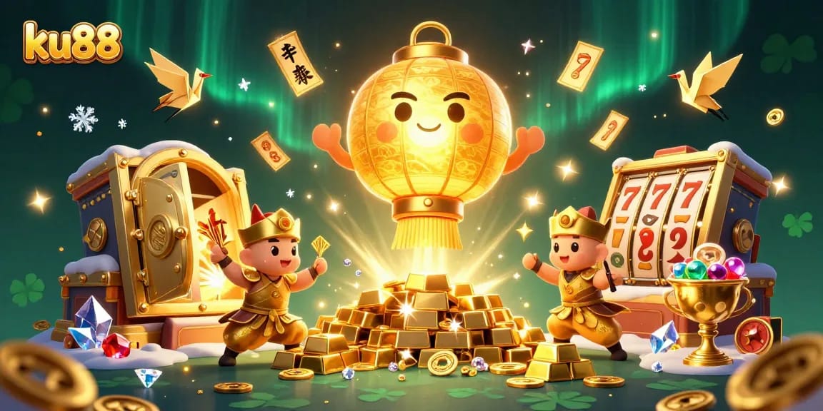 Experience the magical ku88 casino night with golden lanterns, slot reels, and sparkling treasures.