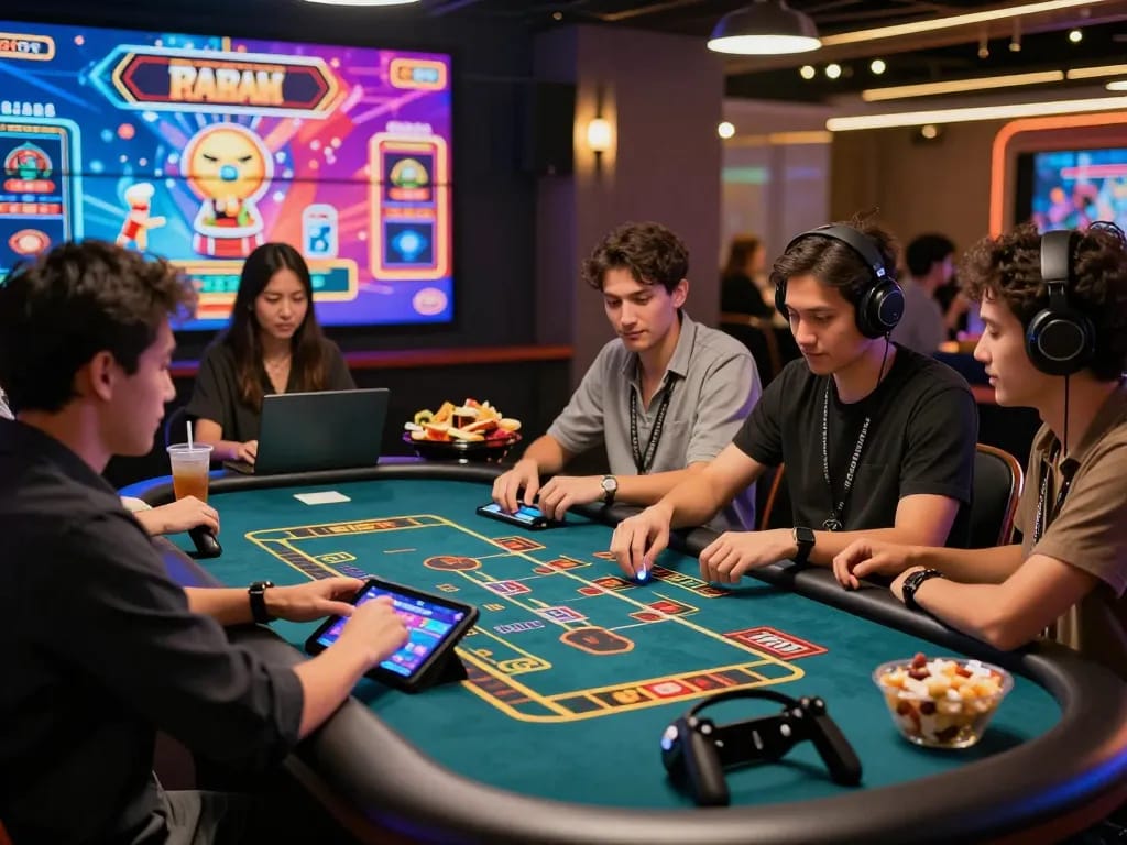 Engaging online gaming scene featuring friends playing at virtual casino, inspired by https://rr88c.mobi/ excitement.