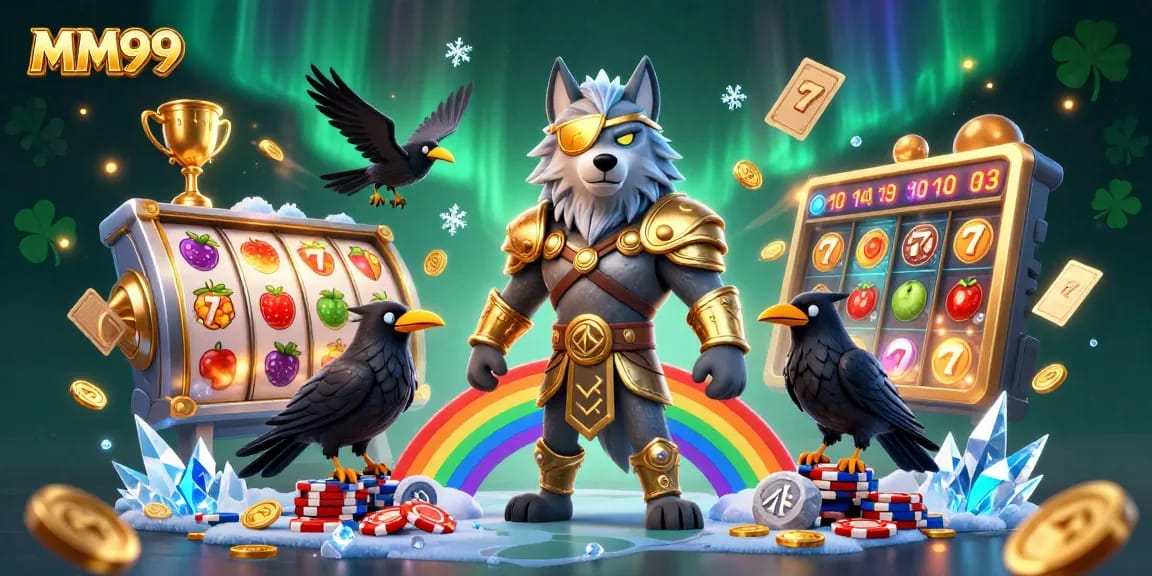 Experience the thrill of MM99 with spinning slot reels and Norse-inspired characters, creating an epic casino atmosphere.