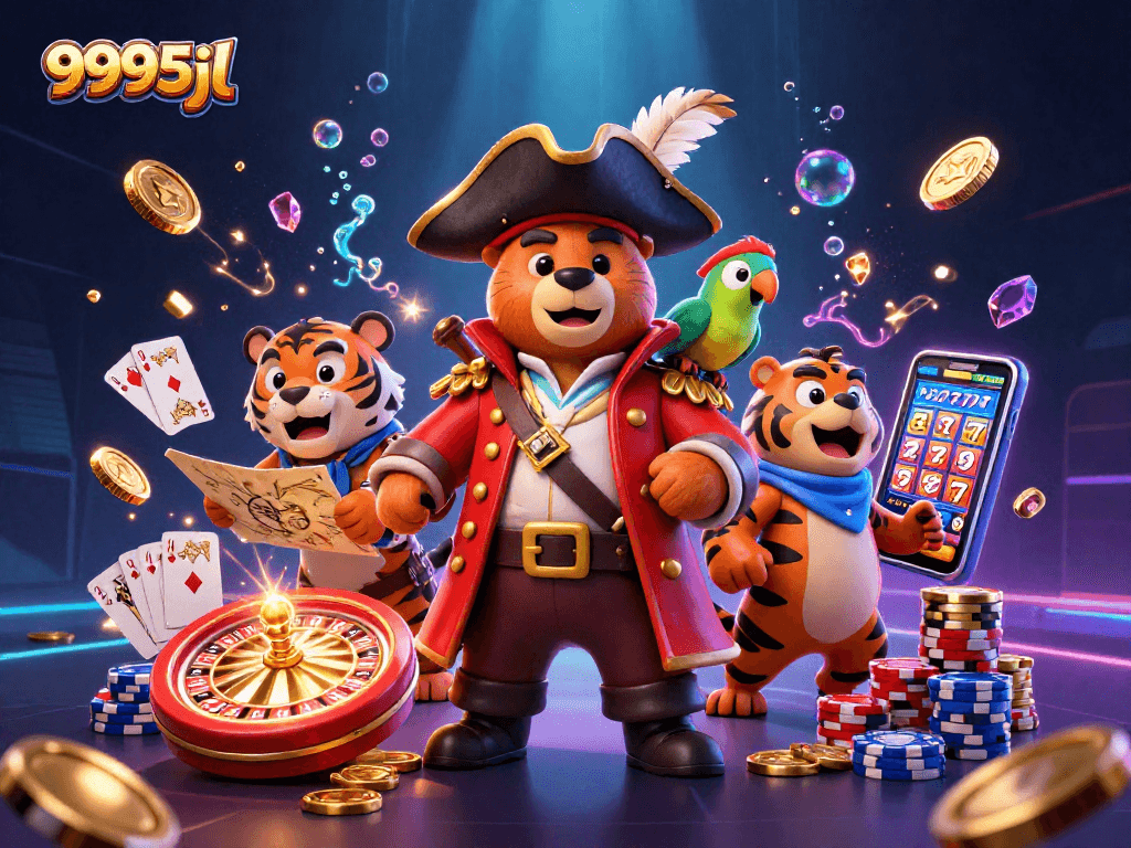 Experience the excitement of 9995jl's vibrant casino scene with adventurous characters and dynamic gaming elements.