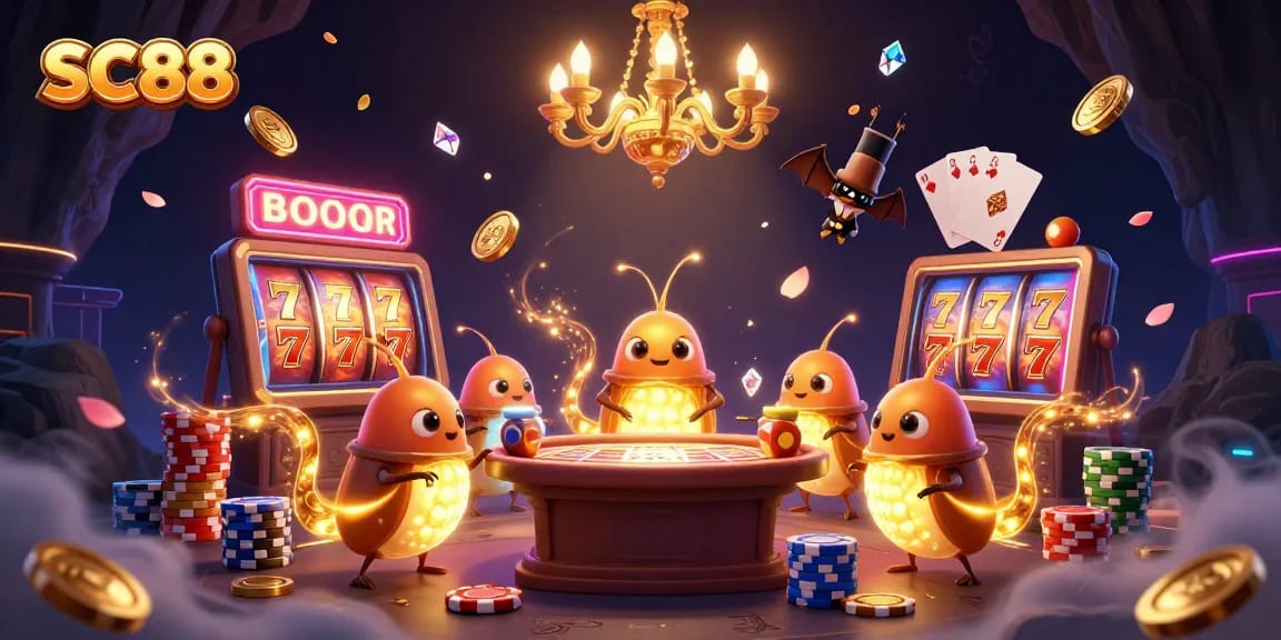 Experience SC88 thrills with colorful slot reels and glowing casino lights shining brightly.