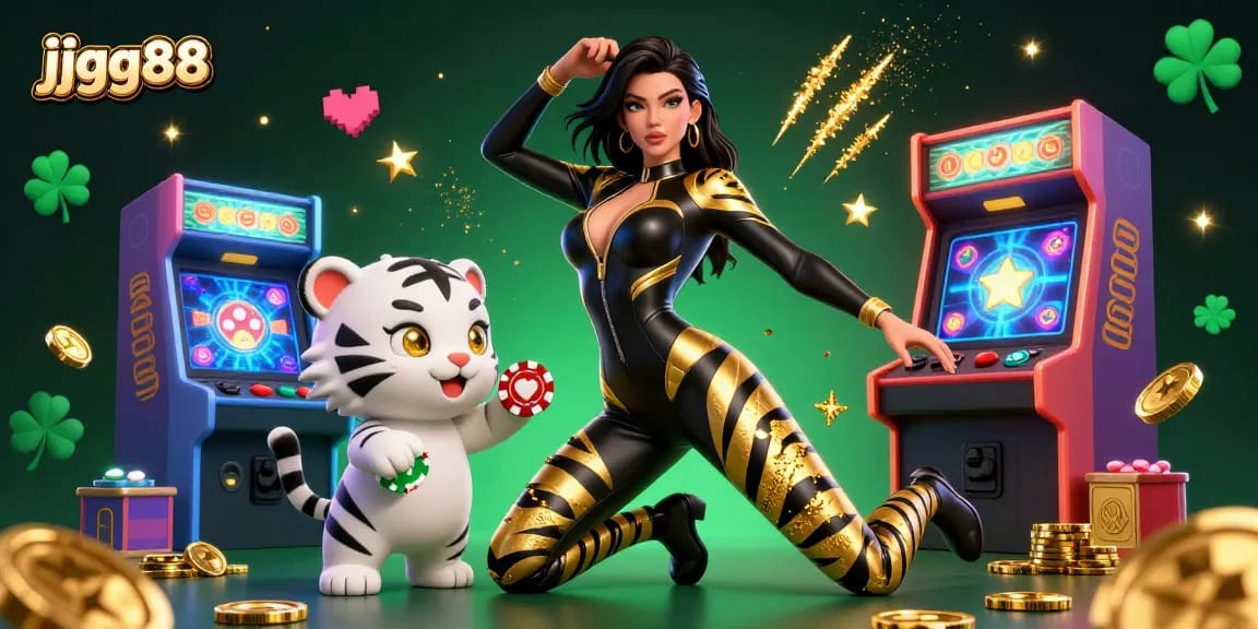 Engage with the thrilling world of jjgg88, where a stunning acrobatic woman and a playful tiger create excitement amidst vibrant casino graphics.