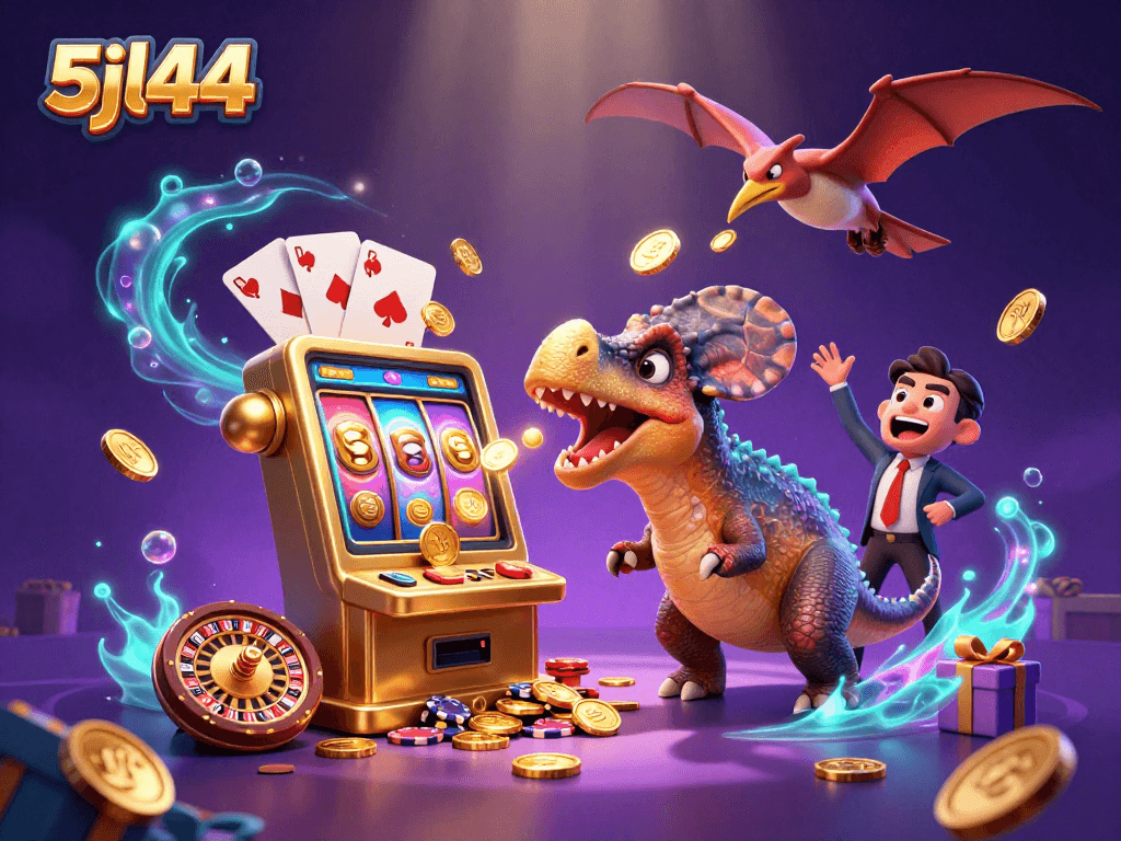 Pachycephalosaurus celebrates a jackpot at 5jl44, amidst coins, slot games, and a casino scene.