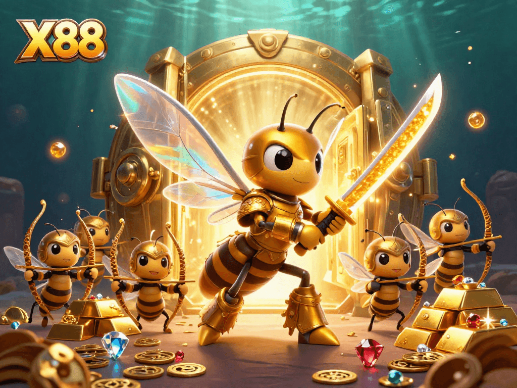 X88 showcases a dynamic scene with a golden hornet and bee archers in a vibrant casino setting, engaging in thrilling gameplay.